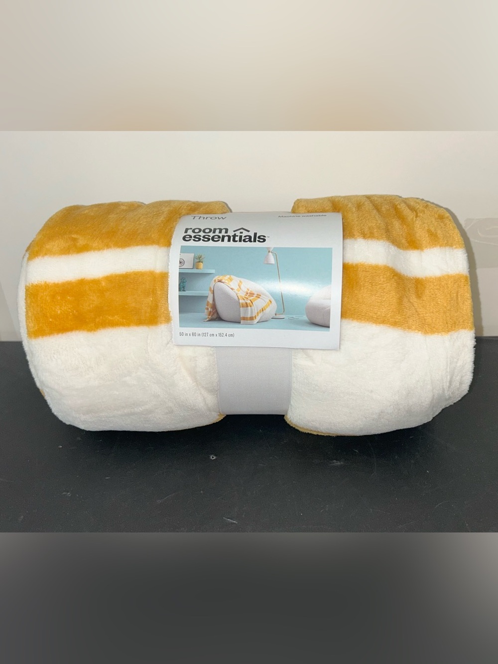 Room Essentials Gold and White Striped Plush Throw Blanket
